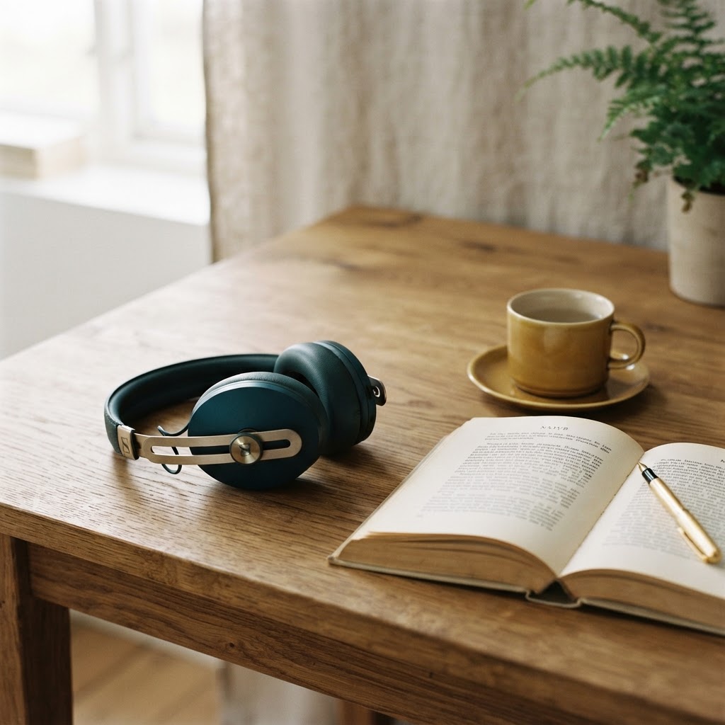 Pair of noise-canceling headphones on a wooden desk beside an open book and a glass of water in deep teal and warm gold tones with soft natural light