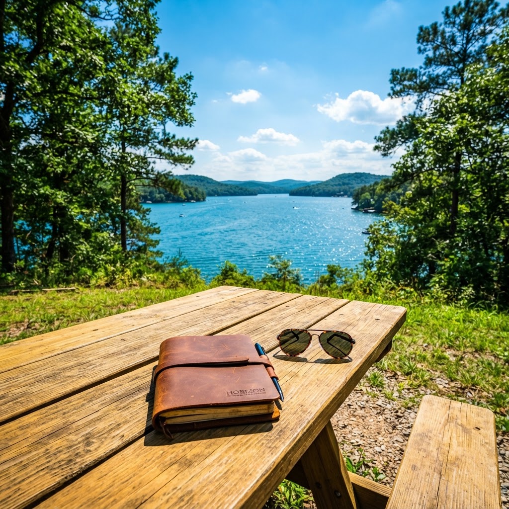 A bright summer scene with a wooden picnic table overlooking a sparkling blue lake, a leather notebook and sunglasses on the table