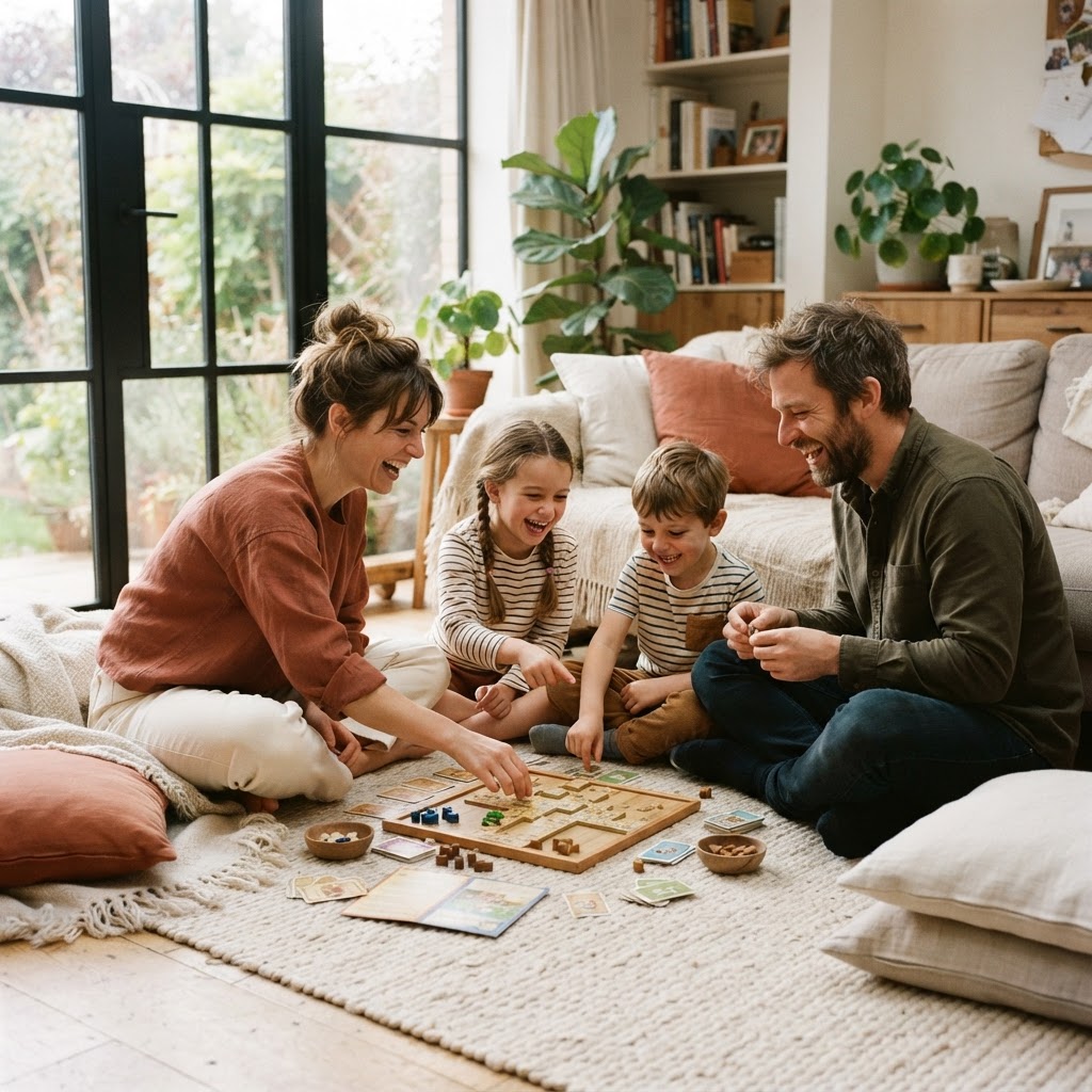 Family playing a board game together on a living room floor in warm terracotta and cream tones with soft afternoon light