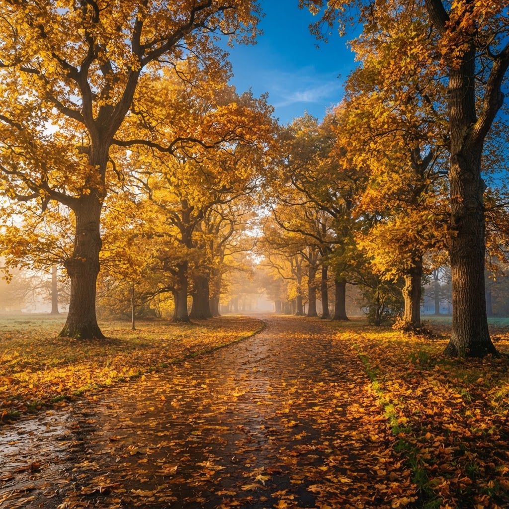 Tree-lined avenue through a park in autumn with golden leaves carpeting the path and morning mist in the distance