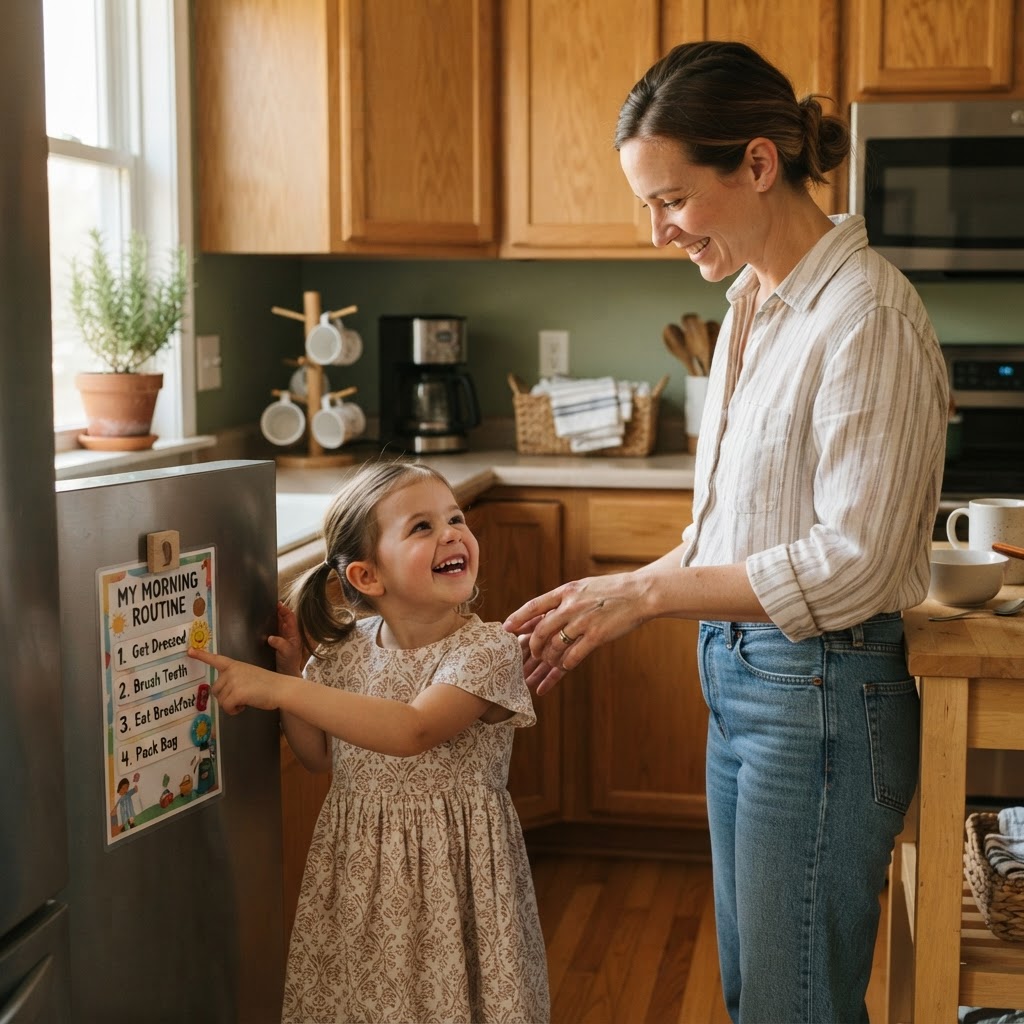 Parent and young child following a morning routine chart on the refrigerator in warm amber and sage green tones with bright morning light