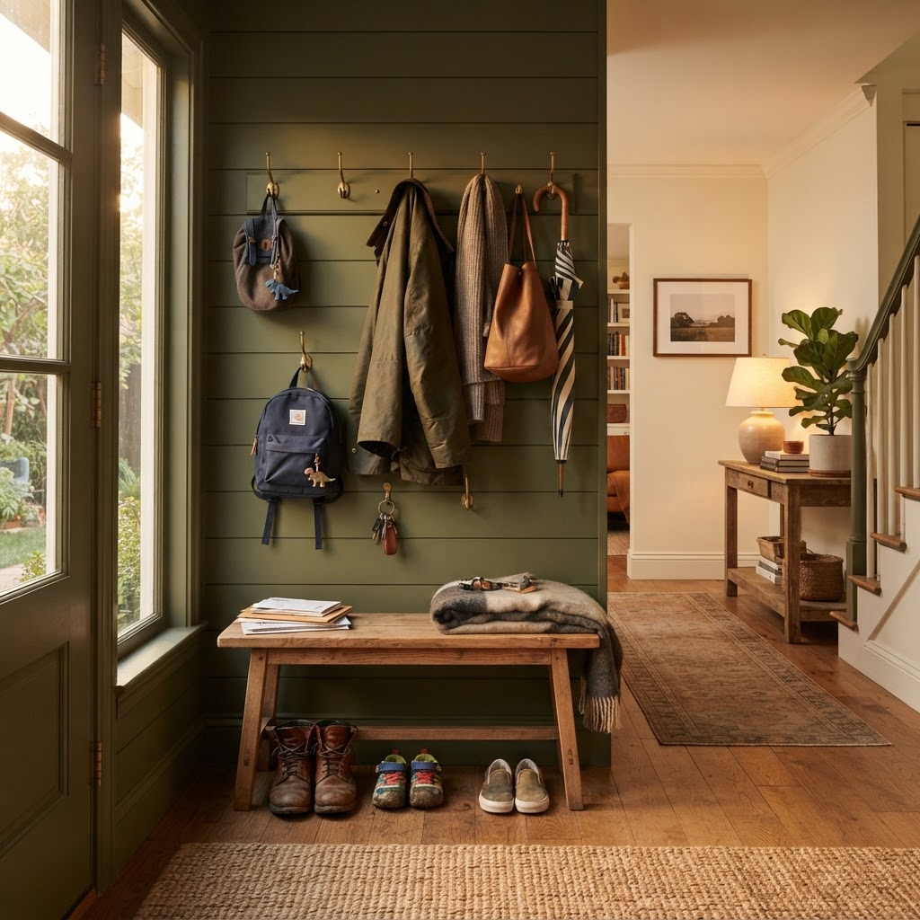 Cozy family home interior with an organized entryway showing shoes, bags, and hooks in deep olive green and ivory tones with golden hour light
