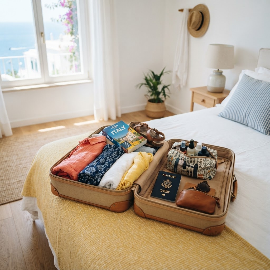 An open suitcase on a bed with neatly organized travel items in bright summer light streaming through a window