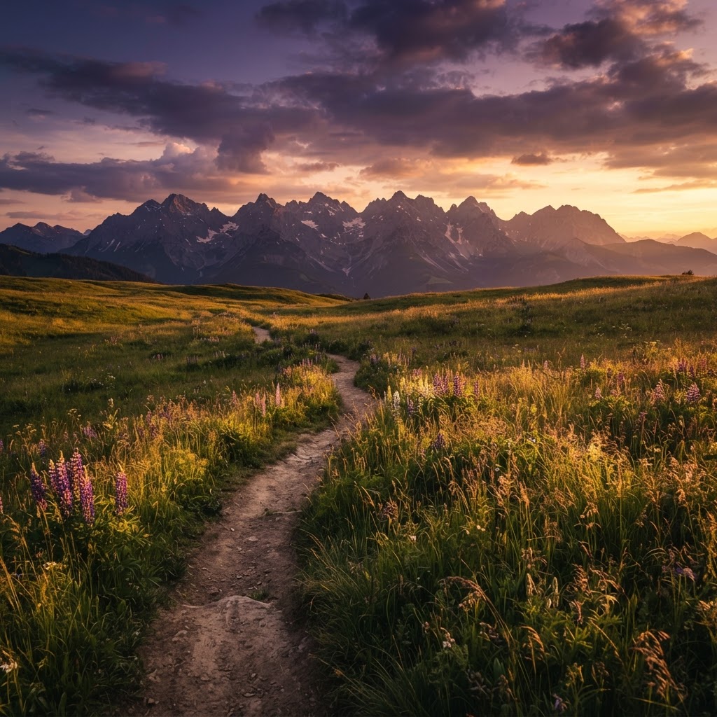 Winding path through a meadow at sunset with distant mountains in warm golden and deep purple palette with cinematic depth