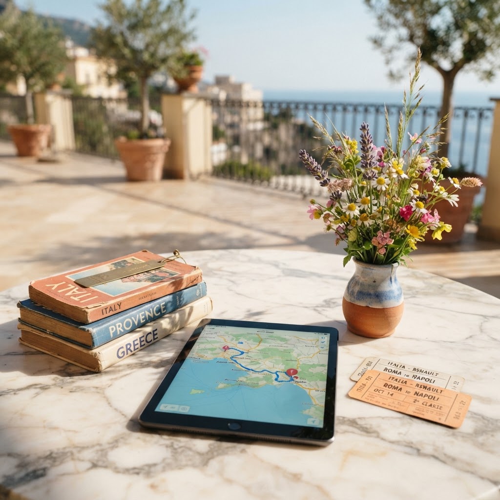 A spread of vintage travel guidebooks stacked on a polished marble table, an open tablet showing a highlighted map route, and two train tickets beside a small ceramic vase of wildflowers in bright afternoon light