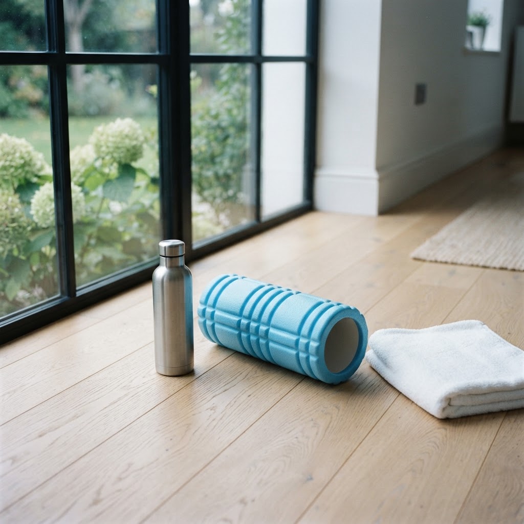 Blue foam roller and steel water bottle on a pale wooden floor near a window with a folded white towel in soft cool afternoon light