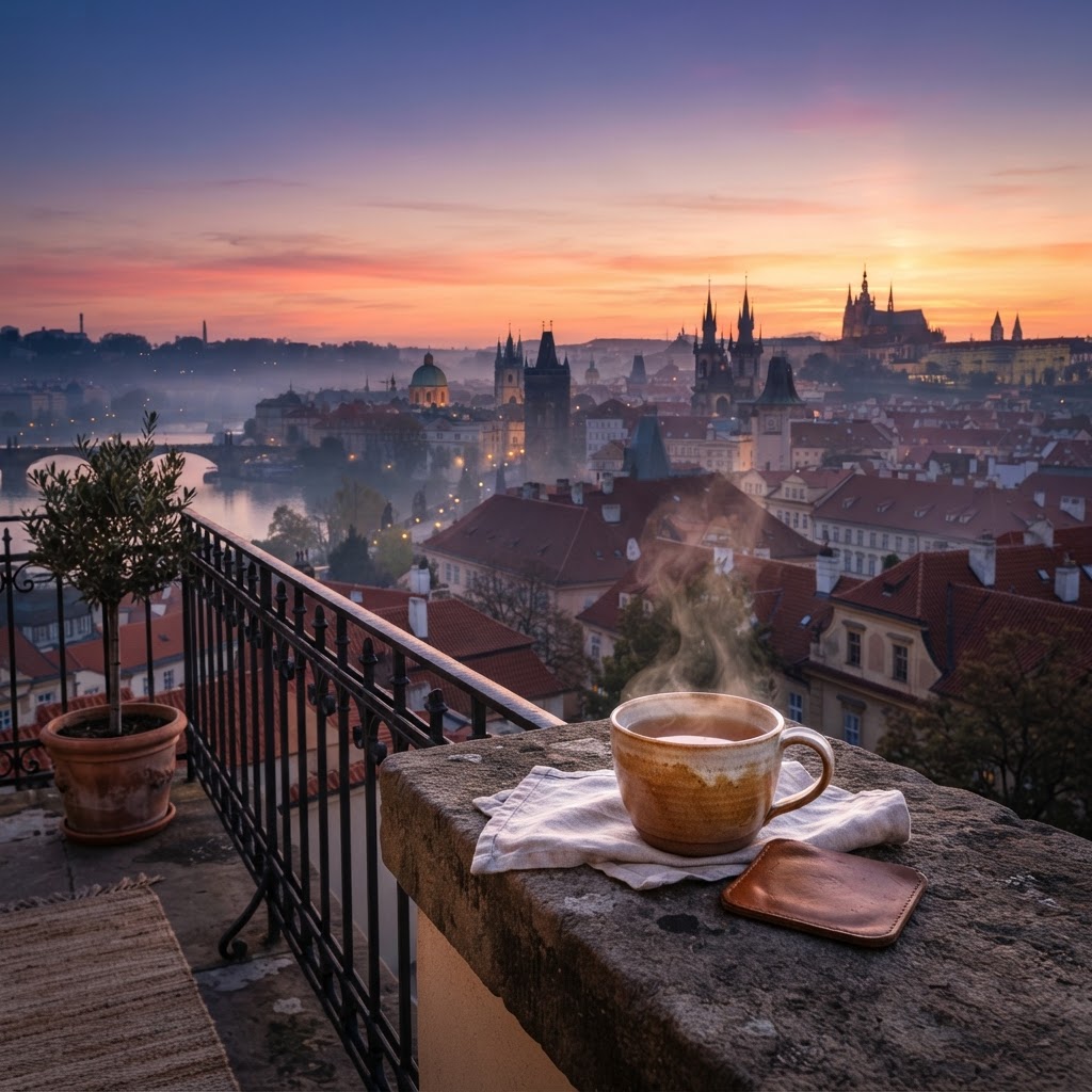 A sunrise viewed from a hotel balcony overlooking a distant city skyline with Gothic spires, a cup of herbal tea steaming on the stone railing, gentle morning mist over the rooftops