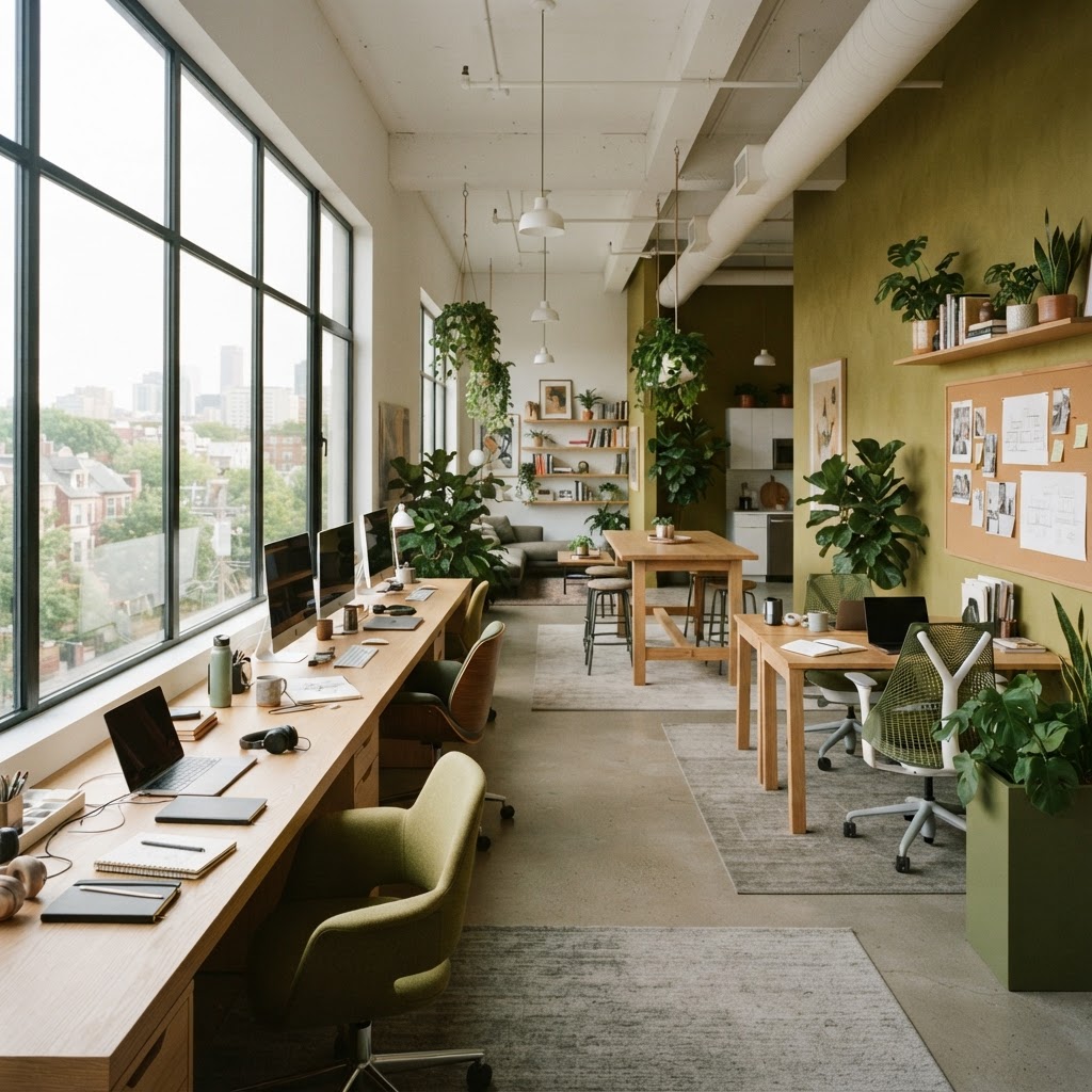 Modern studio space with a growing team's desks, plants, and a large window in bright olive green and white palette