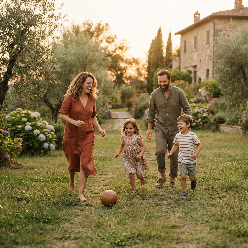 Family playing outdoors in a park or garden with parents and children engaged in a game together in warm terracotta and olive green tones with golden hour outdoor light