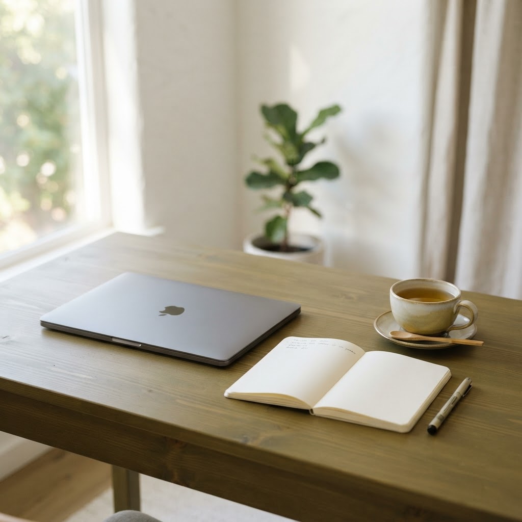 Minimalist workspace with a closed laptop, an open notebook, and a cup of green tea in warm cream and olive green tones with bright afternoon light