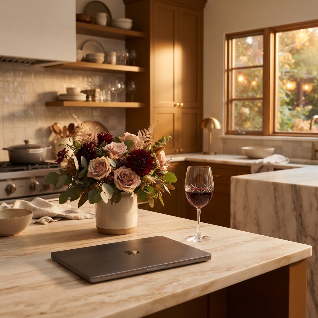 Closed laptop on a kitchen counter with a vase of fresh flowers and a glass of wine in warm amber and deep burgundy tones with golden evening light