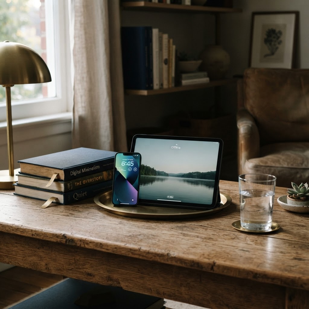 Tablet and smartphone on a wooden table beside a stack of books and a glass of water in deep navy blue and brass tones with soft evening light