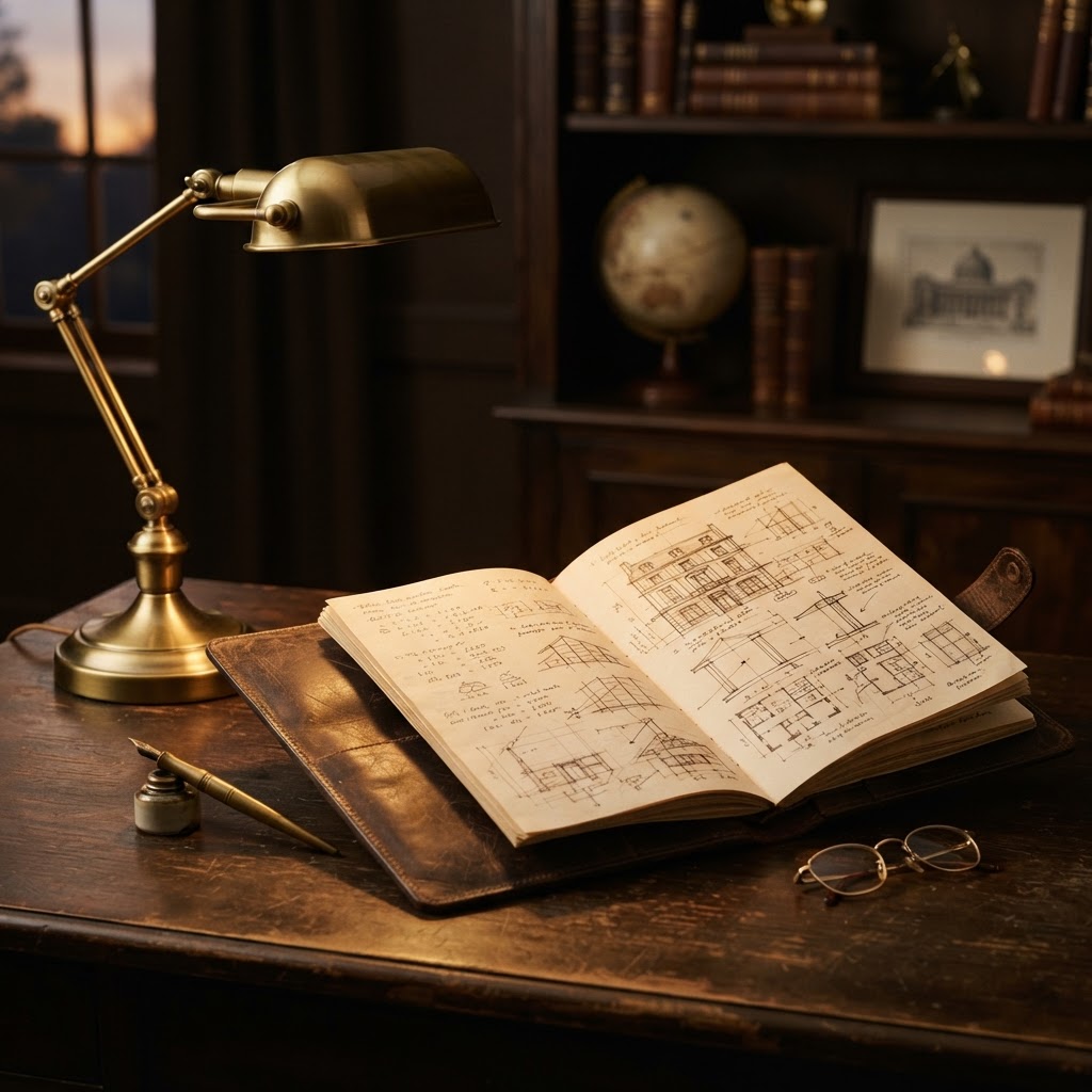 Leather portfolio open on a dark wooden table with handwritten notes and diagrams and a warm brass desk lamp casting golden light in deep brown and gold palette