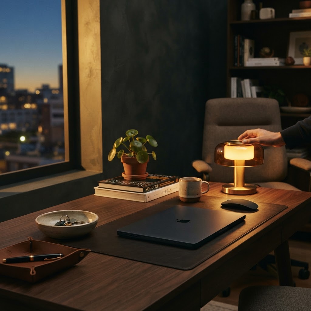 Desk at the end of the day with a closed laptop, a keys bowl, and a small lamp being turned off in warm amber and deep charcoal tones with golden evening light