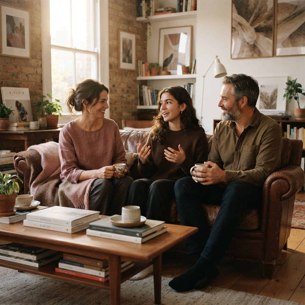 Family sitting together in a living room having a conversation in warm dusty rose and deep brown tones with golden evening light