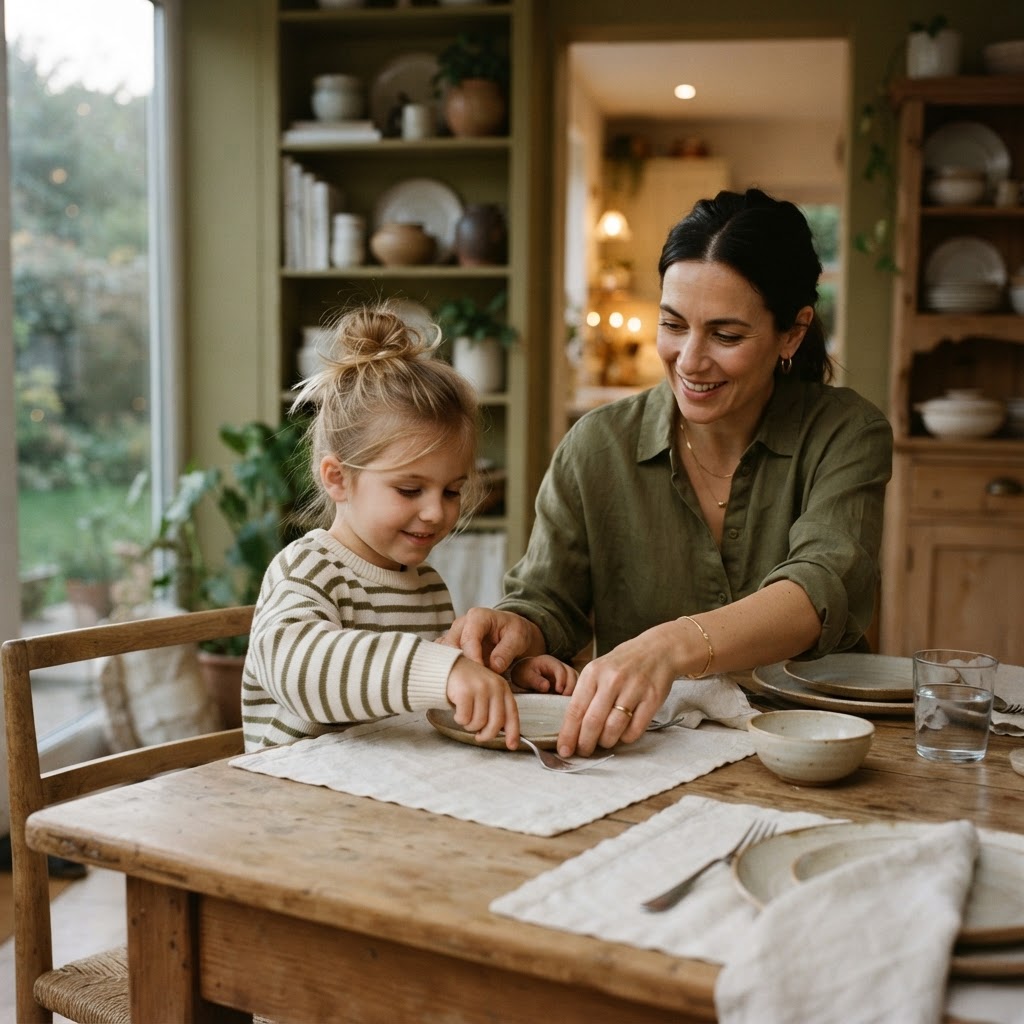 Child helping set the dinner table with guidance from a parent in warm olive green and ivory tones with soft evening light
