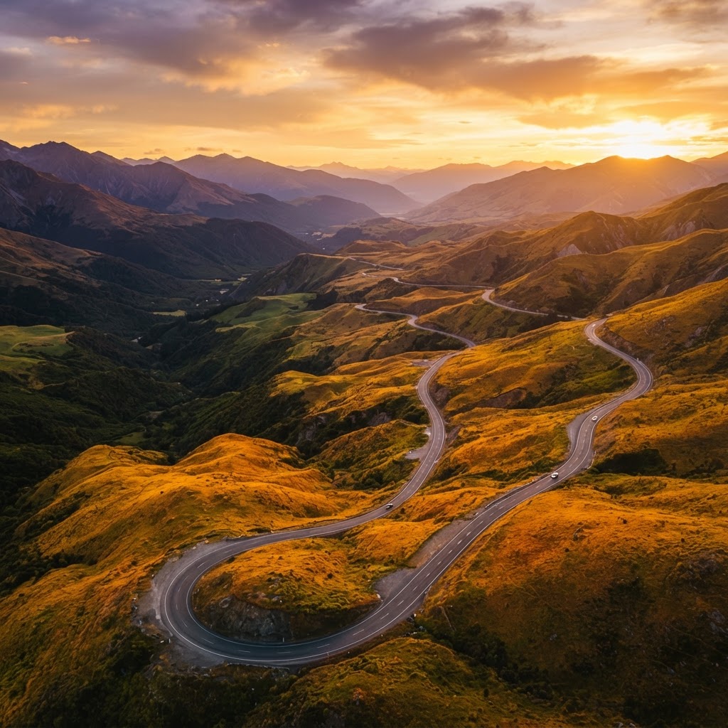 A long winding mountain road at sunset, viewed from above, curving through golden hills and green valleys