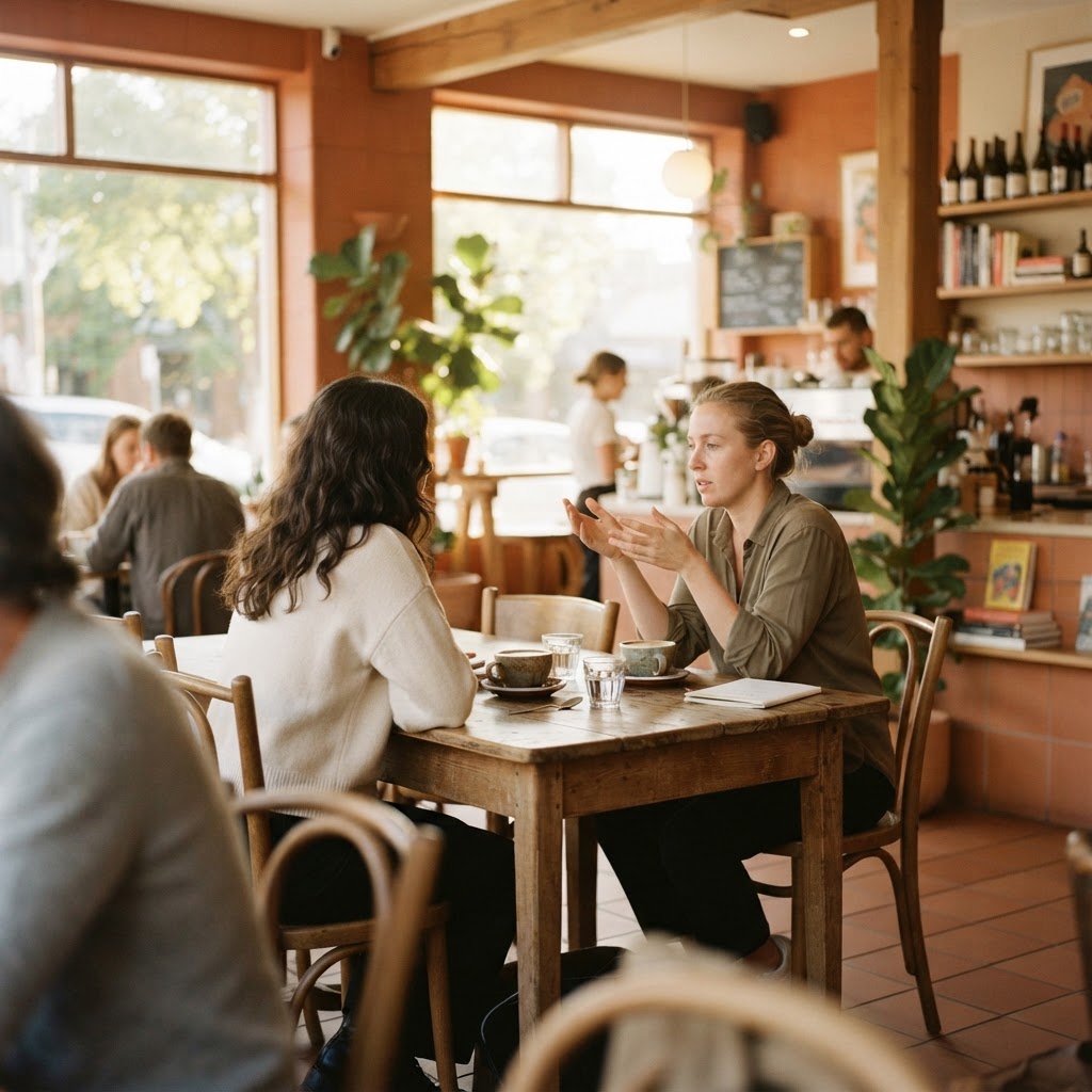Two people in conversation at a bright airy café with two cups of coffee on a wooden table in warm wood and terracotta tones with golden afternoon light