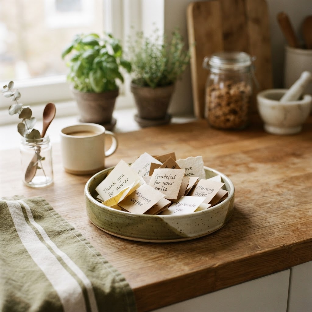 Small ceramic dish with handwritten folded notes of appreciation on a kitchen counter in warm olive green and ivory tones with soft morning light