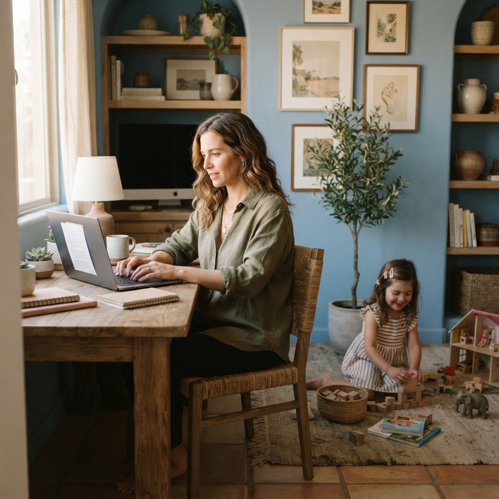 Parent working at a laptop while a child plays nearby in a balanced home office nook in warm Mediterranean blue and sand tones with soft afternoon light