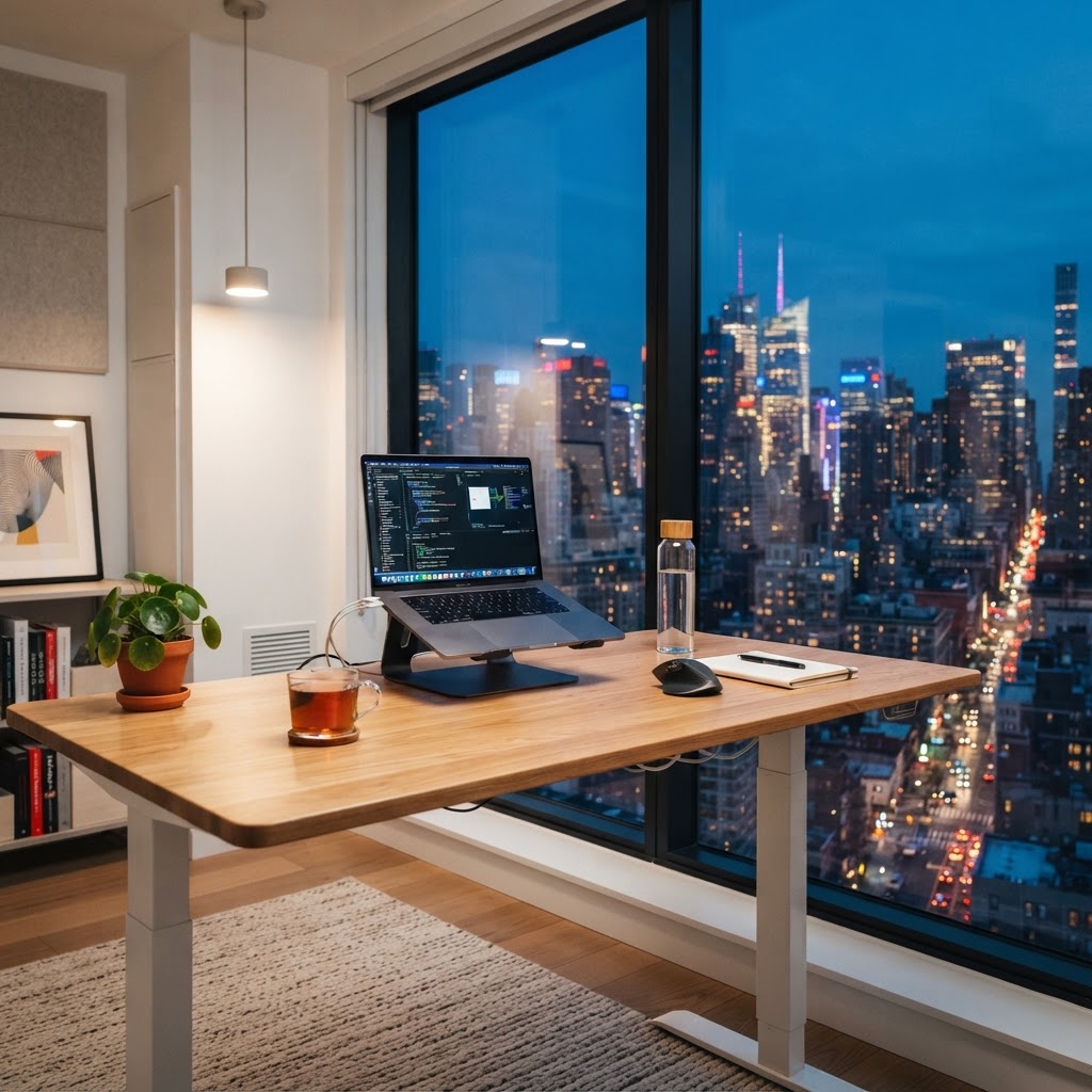 Modern standing desk setup with a laptop, bright green plant, and water bottle near a floor-to-ceiling window with city skyline in bright modern light