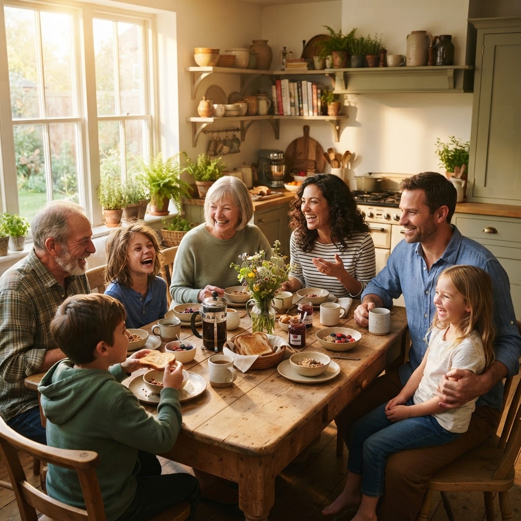 Warm family breakfast scene in a sunlit kitchen with multiple generations gathered around a wooden table in warm amber and sage green tones with golden morning light