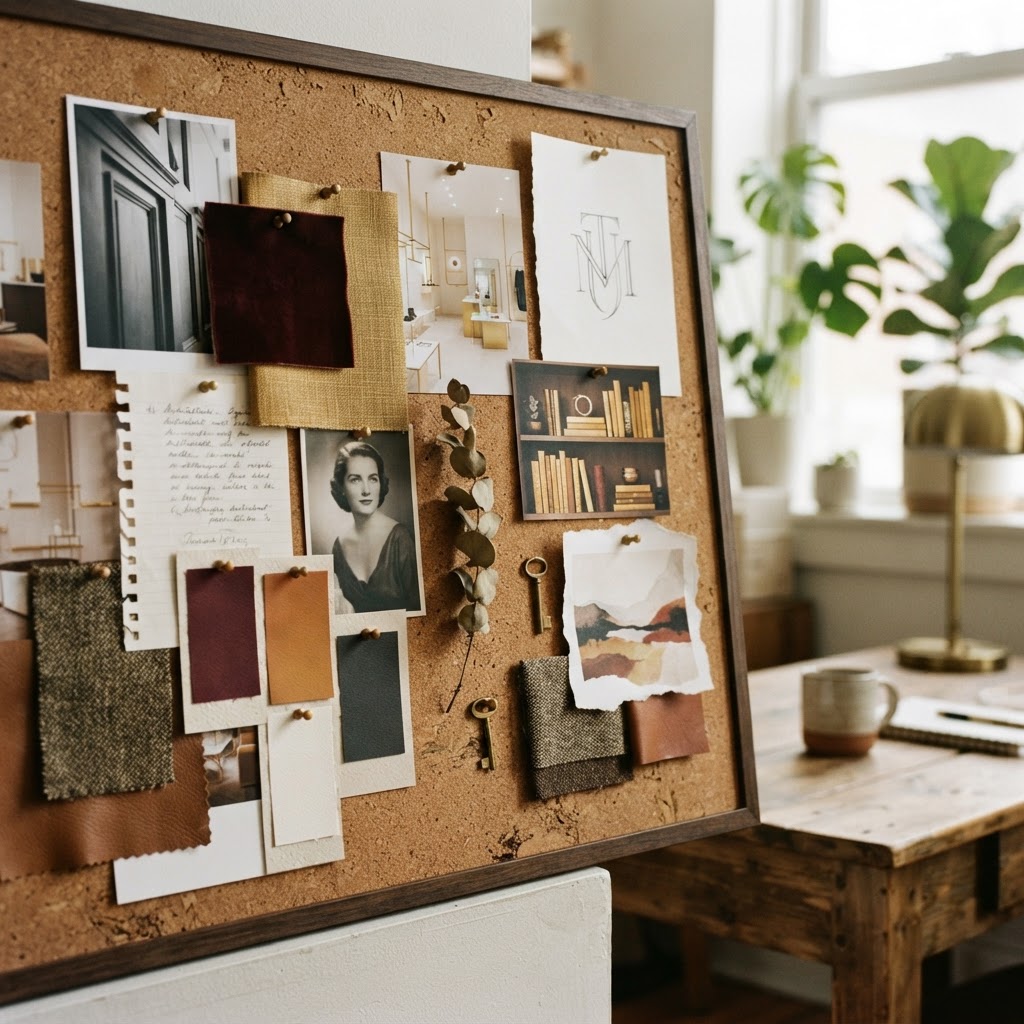 Personal branding mood board on a cork board with photos, color swatches, and notes in warm gold and deep burgundy tones with soft directional light