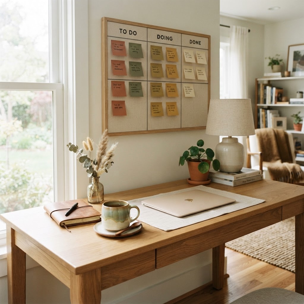 Well-organized desk with a kanban board, sticky notes in muted earth tones, and a cup of tea in warm sage green and cream palette with bright natural light