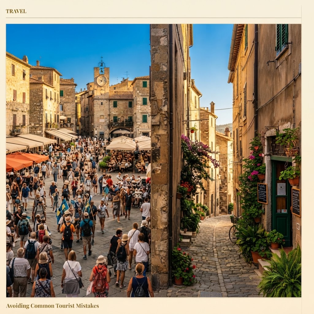 A split composition of a Mediterranean town showing a sun-drenched piazza with terracotta umbrellas and a shaded alleyway with pink bougainvillea and lush green plants