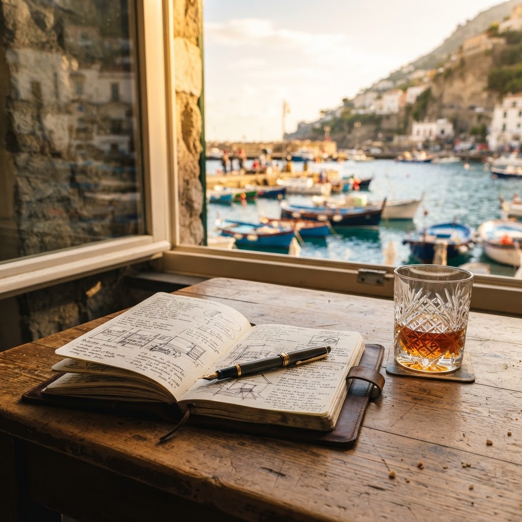A worn leather journal open on a rustic wooden café table with a fountain pen, beside a glass of amber liqueur, with a Mediterranean harbor visible through the window in golden hour light