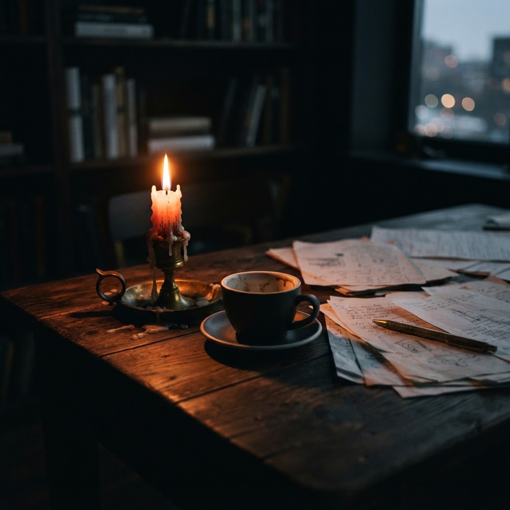Nearly melted candle in a brass holder beside an empty coffee cup and scattered papers on a dark wooden desk in dim evening light
