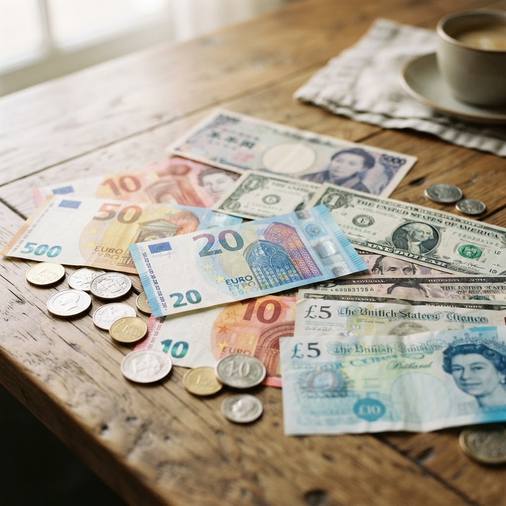 Foreign currency notes and coins from different countries — euros, yen, dollars, pounds — arranged on a warm wooden table in bright morning light