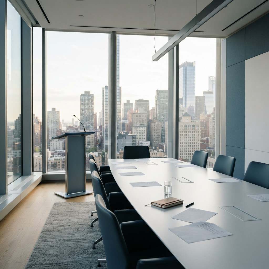 Bright modern conference room with floor-to-ceiling windows, an empty podium and scattered notes on a sleek table in steel blue and white with dramatic natural light