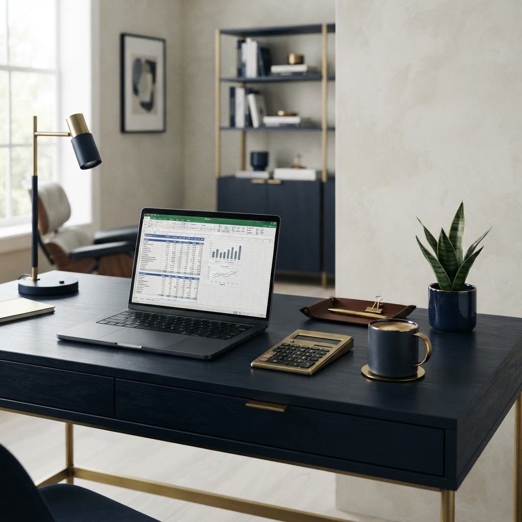 Modern minimalist desk with a laptop showing a spreadsheet, a calculator, and a cup of coffee in deep navy and brass tones
