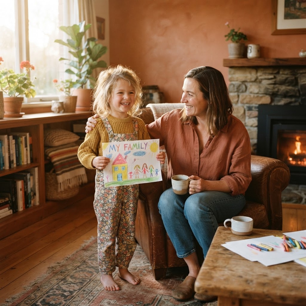 Child proudly showing a completed drawing to a parent in warm terracotta and deep brown tones with golden afternoon light