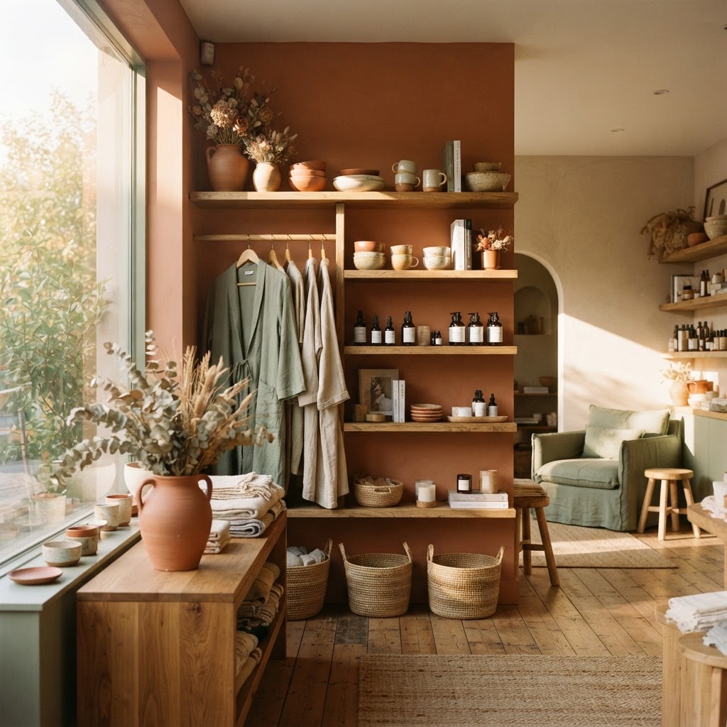 Boutique storefront interior with curated products on wooden shelves in warm terracotta and sage green palette with golden afternoon light