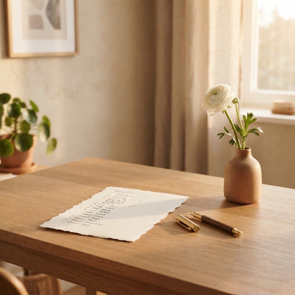 Clean desk with a single priority list on paper, a pen, and a small vase with a single flower in warm terracotta and ivory palette with golden afternoon light