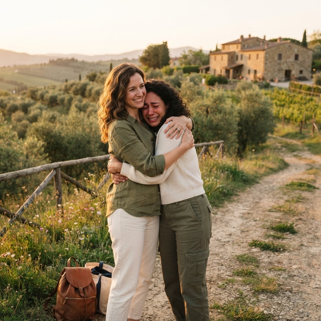 Two friends reconciling after a disagreement with a warm handshake or embrace in an outdoor setting in warm olive green and ivory tones with golden hour light