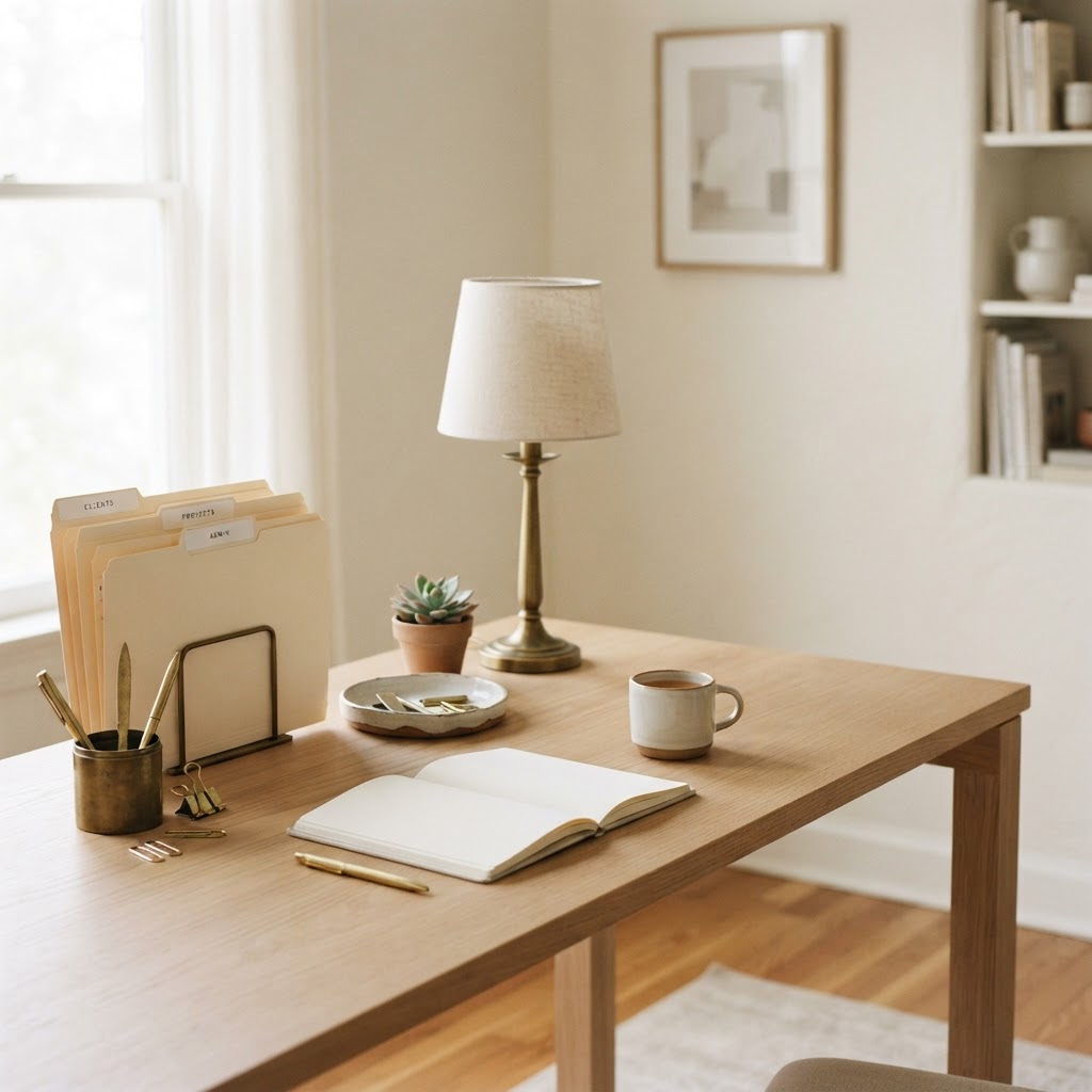 Beautifully organized desk with labeled manila folders and minimal office supplies in a brass container in warm cream and antique brass tones with soft diffused light