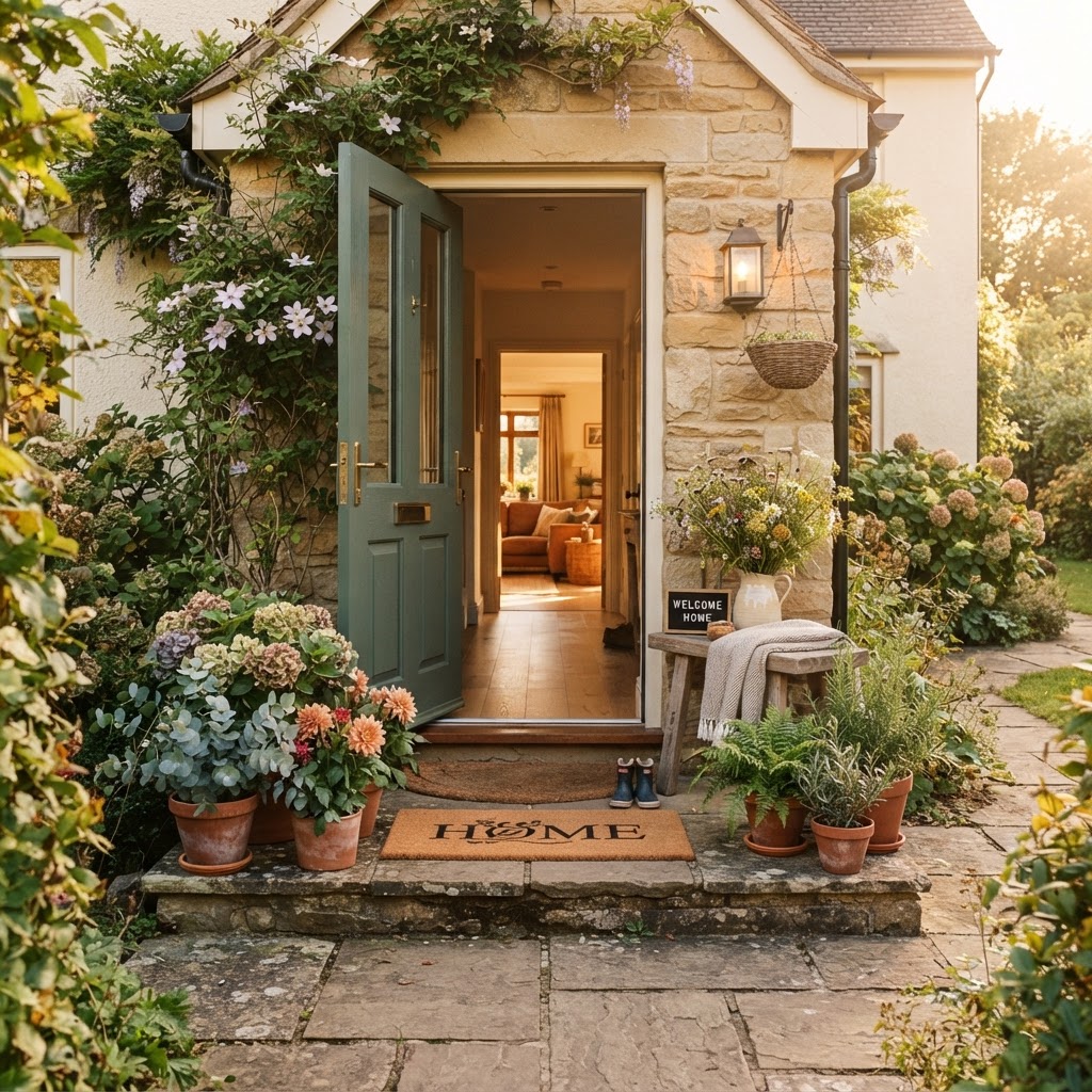 Family home entrance with a welcome mat, fresh flowers, and an open door in warm terracotta and cream tones with golden afternoon light