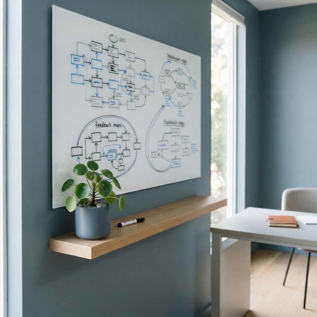 Clean whiteboard with business system diagrams, a marker, and a potted plant on a modern shelf in cool slate blue and white palette with bright natural light
