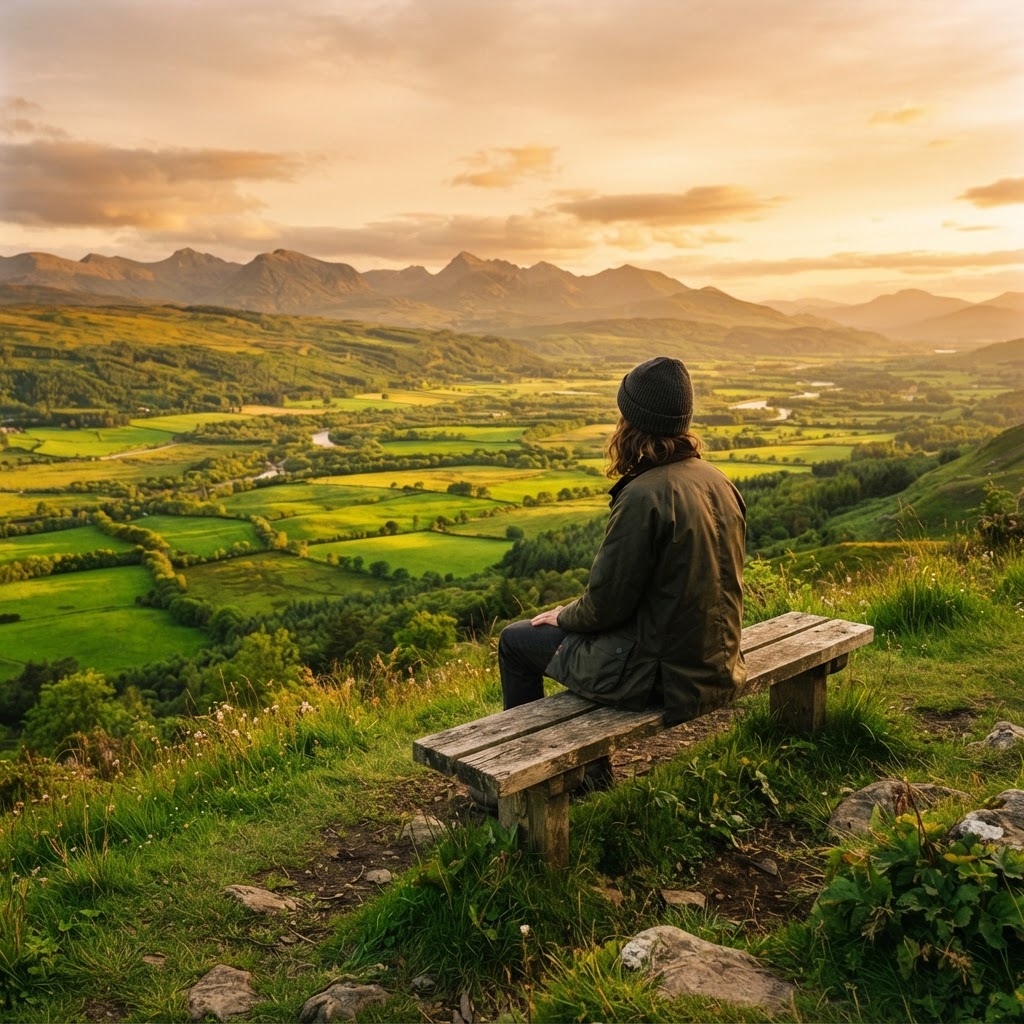 A person sitting on a bench overlooking a vast green valley at golden hour, seen from behind