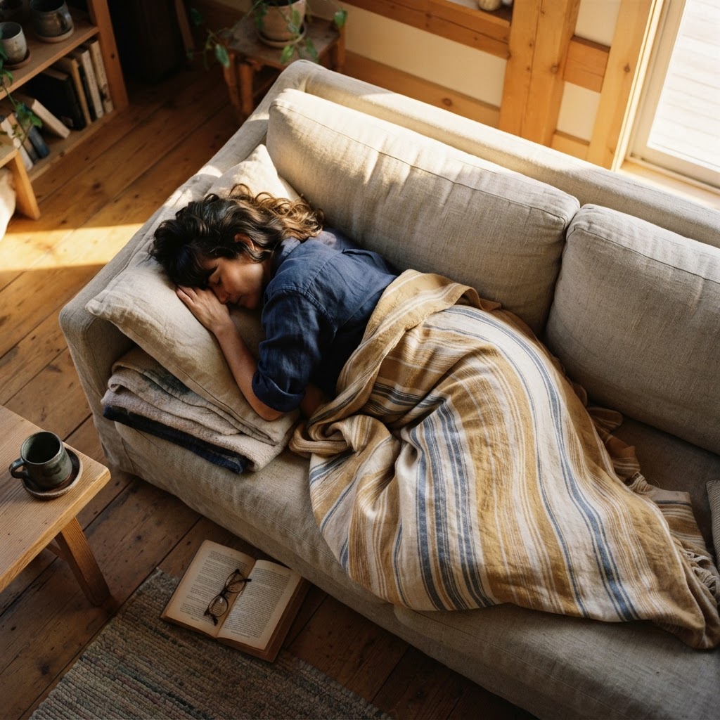 Person resting peacefully on a linen-covered couch with a blanket and a book, viewed from above in warm afternoon light