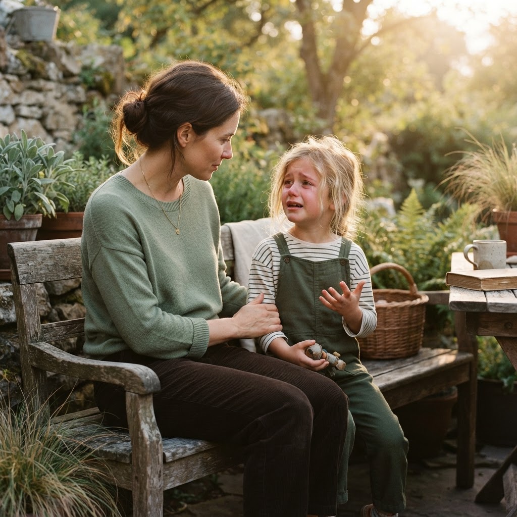 Child and parent sitting together talking calmly in warm sage green and deep brown tones with golden hour light
