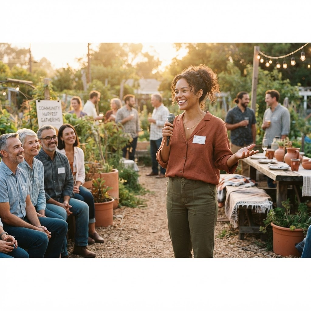 Person confidently introducing themselves at a community gathering with warm smile and open body language in warm terracotta and olive green tones with golden hour outdoor light