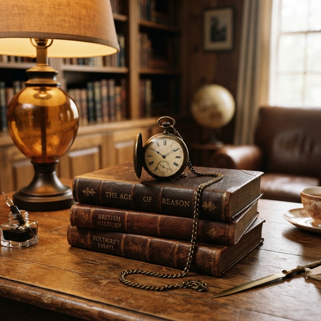 Antique pocket watch on a stack of leather-bound books in warm brass and deep brown tones with soft amber lamp light