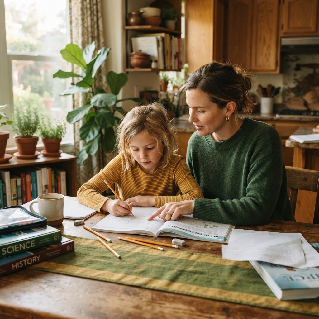 Parent helping a child with homework at a kitchen table with books and pencils in warm forest green and gold tones with soft afternoon light