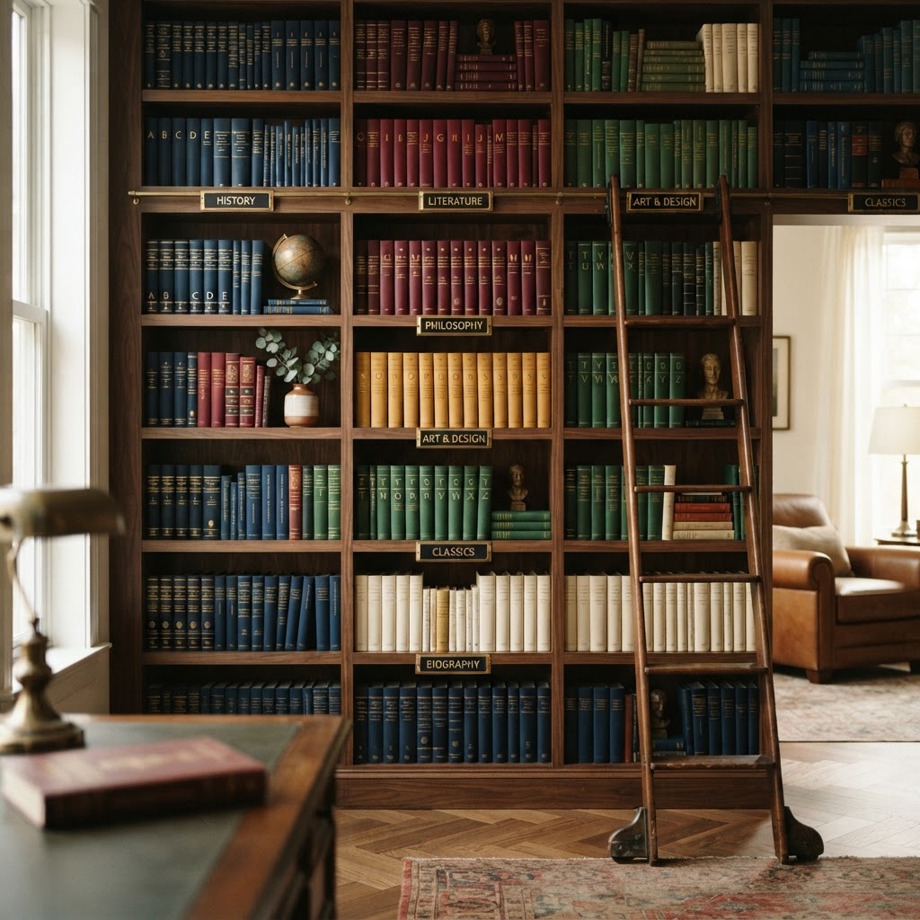 Beautifully organized bookshelves with labeled sections and colored book spines, a small wooden ladder leaning against the shelves