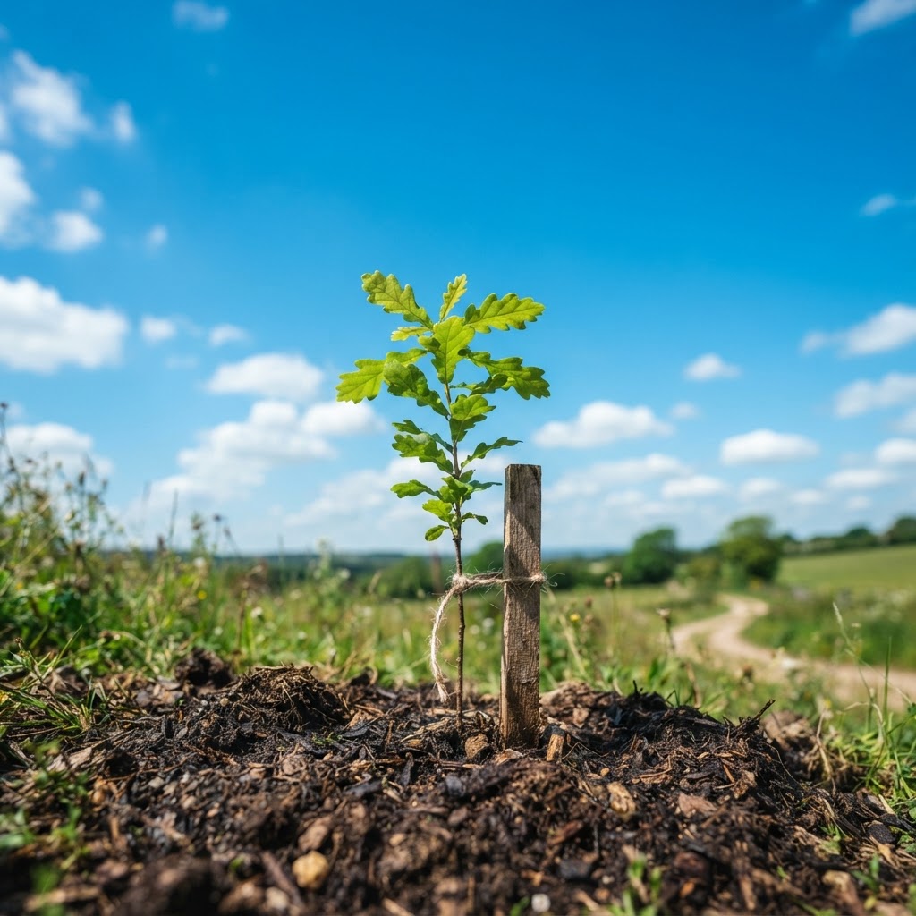 Single green sapling growing in rich dark soil with a small wooden stake against a bright blue sky