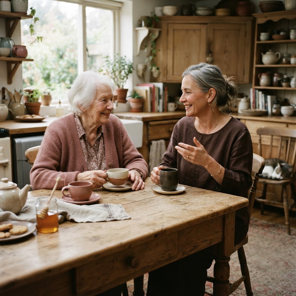 Elderly parent and adult child sharing tea at a kitchen table in warm dusty rose and deep brown tones with soft afternoon light